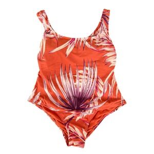 Kona Sol Womens Tropical Palm Print Cutout Back One Piece Swimsuit Orange Large